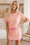 66 Stripe Short Sleeve Top and Skirt Lounge Set (S-XL): Pink Stripe / Missy / L