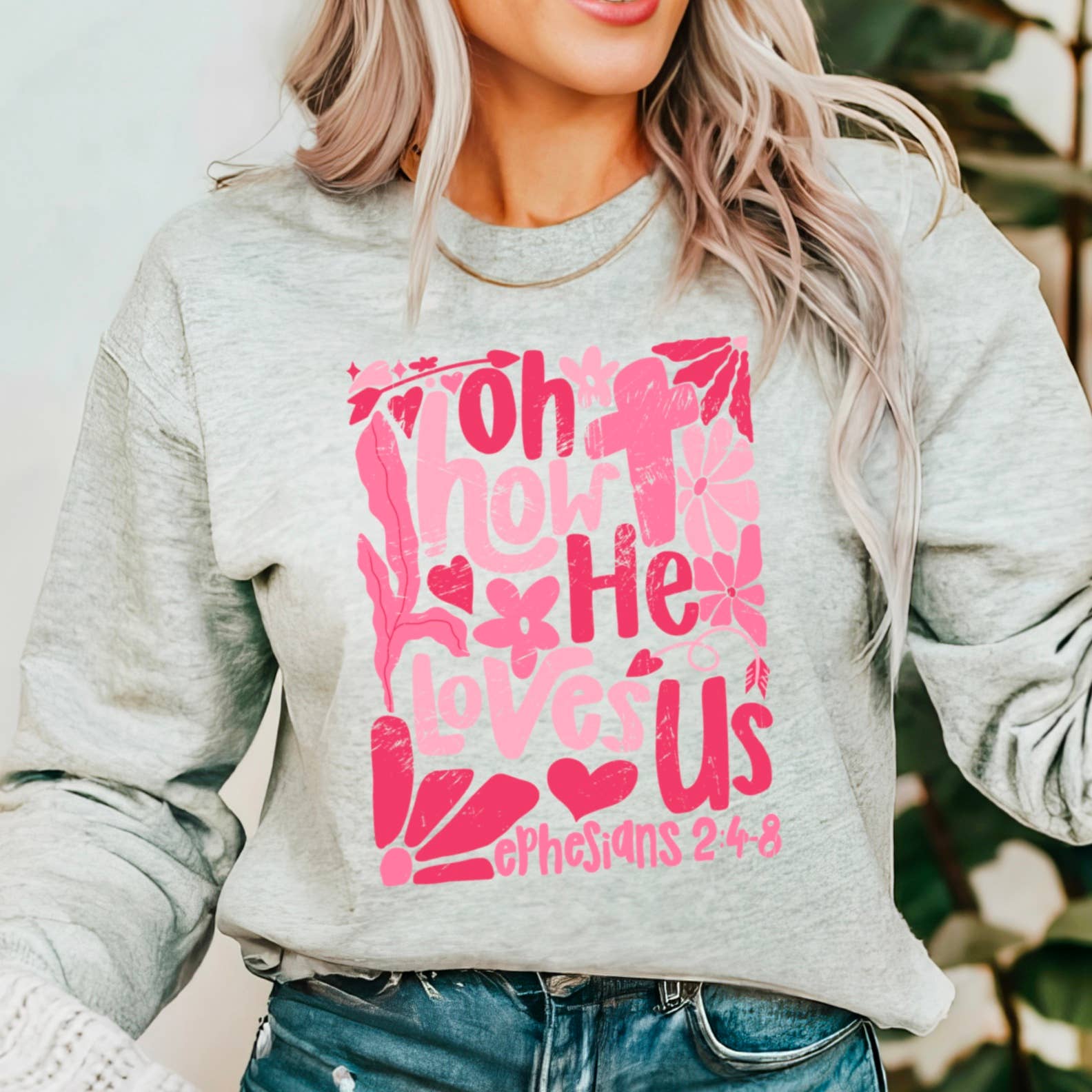 Oh How He Loves Us Christian Boho Floral Graphic Crewneck : Hot Pink / Large