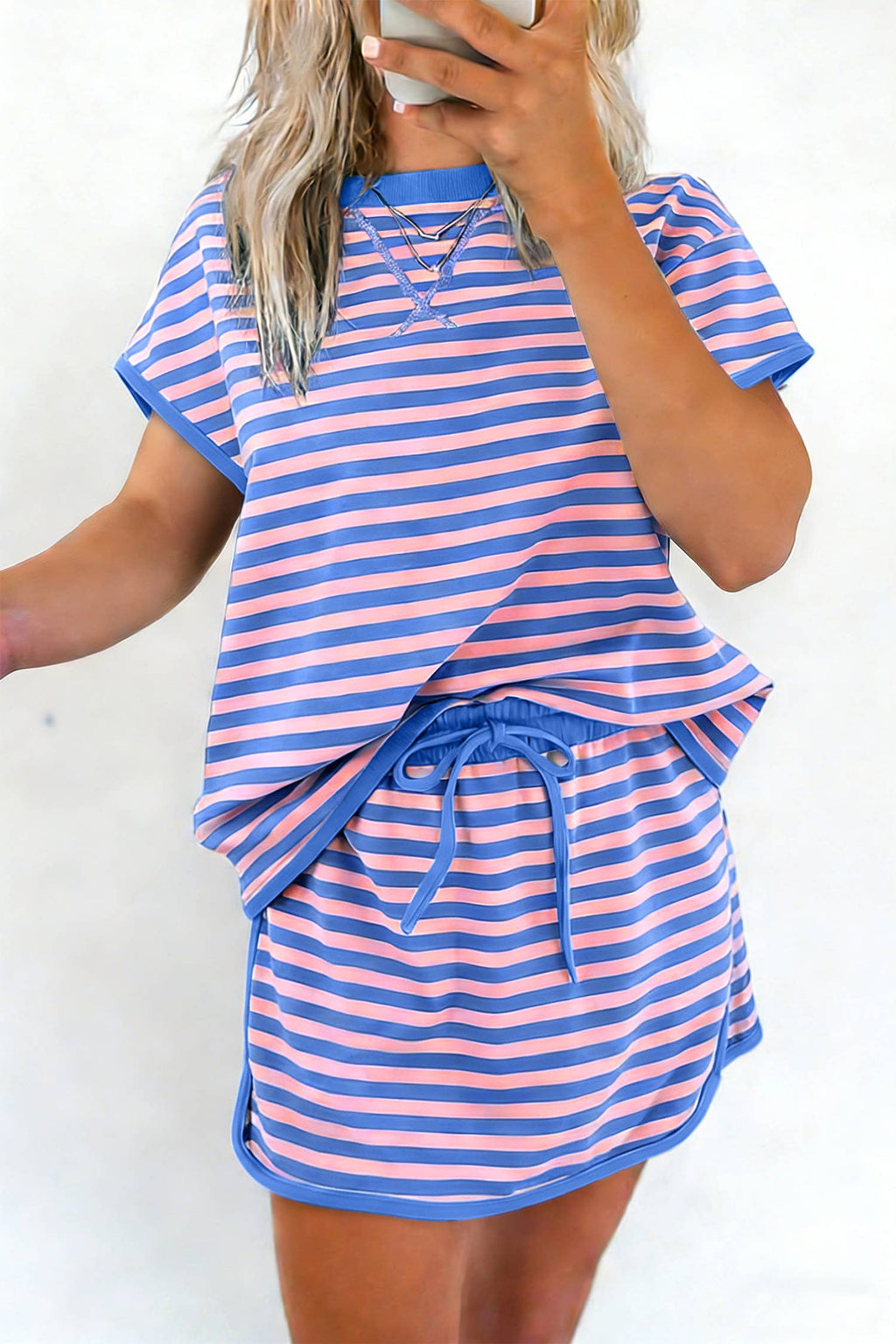 66 Stripe Short Sleeve Top and Skirt Lounge Set (S-XL): Pink Stripe / Missy / L