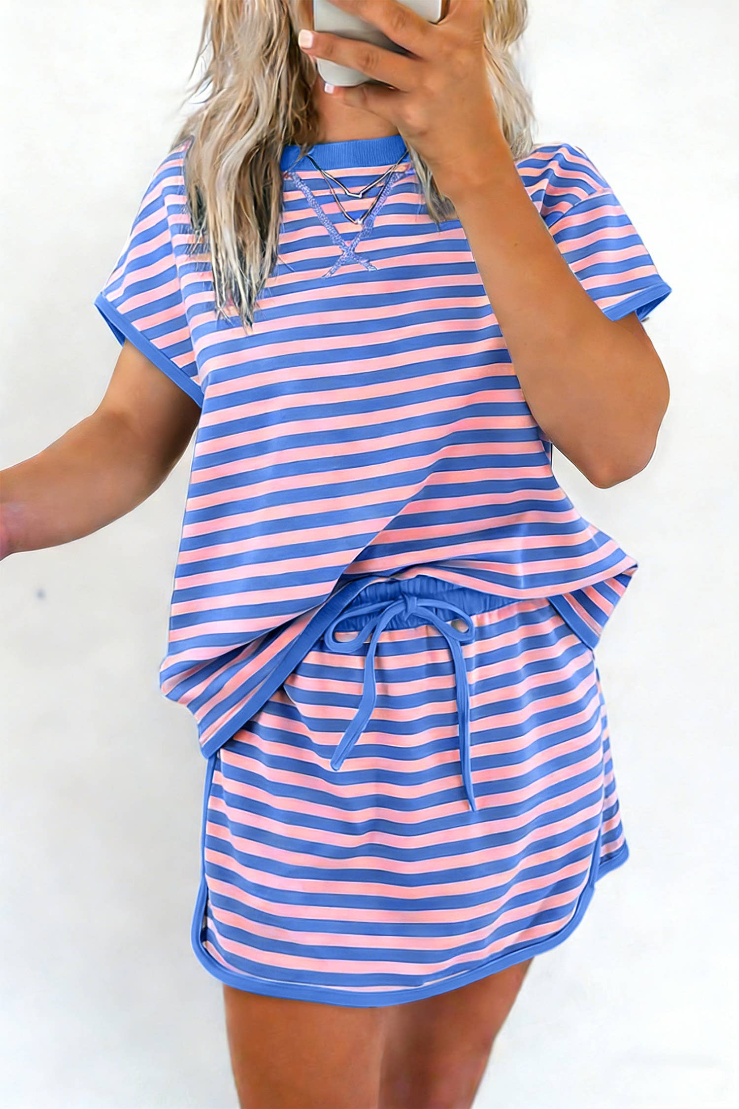 66 Stripe Short Sleeve Top and Skirt Lounge Set (S-XL): Pink Stripe / Missy / S