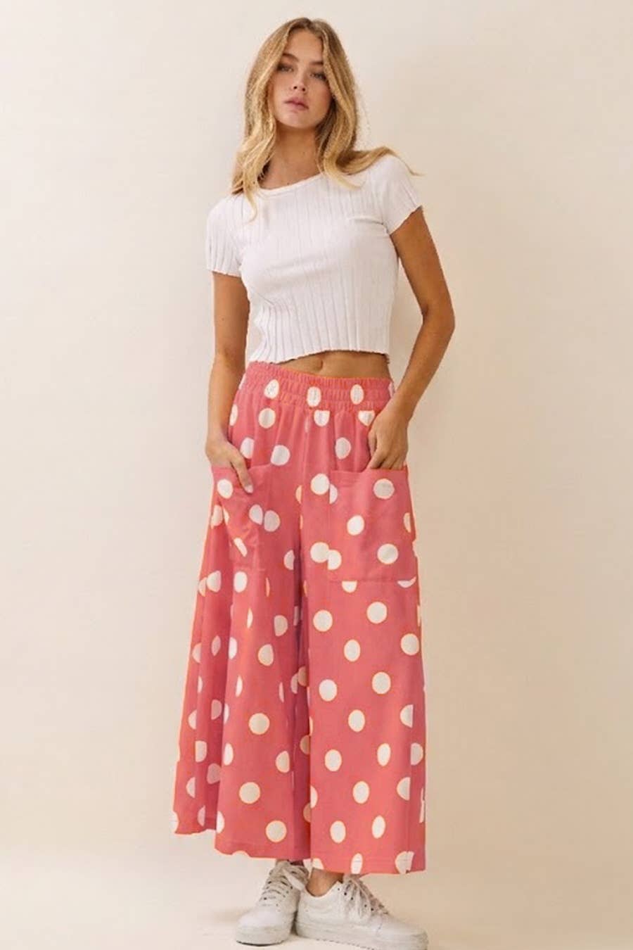 Polka Dot Pull-on Pants: White Black / S