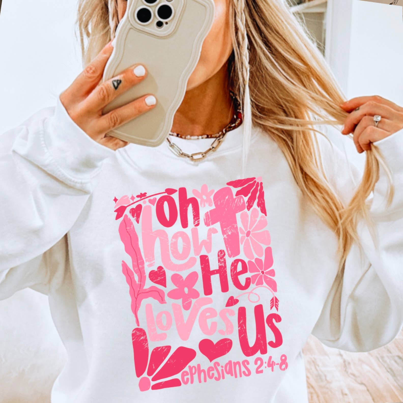 Oh How He Loves Us Christian Boho Floral Graphic Crewneck : Hot Pink / Large