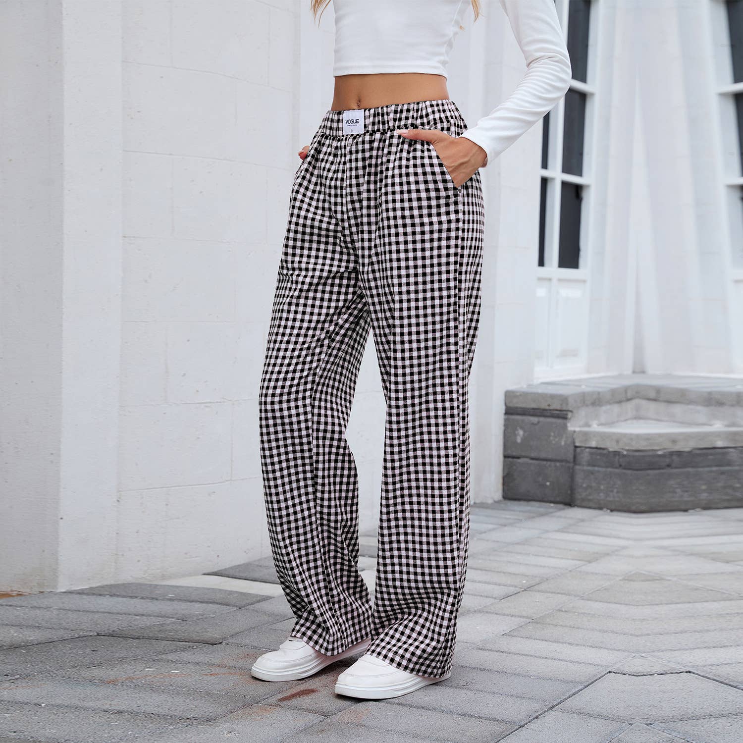 Pure cotton checkered casual loose trousers: BLACK