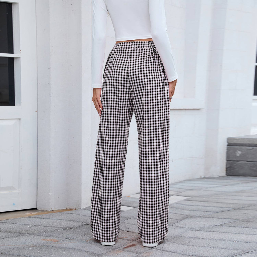 Pure cotton checkered casual loose trousers: BLACK
