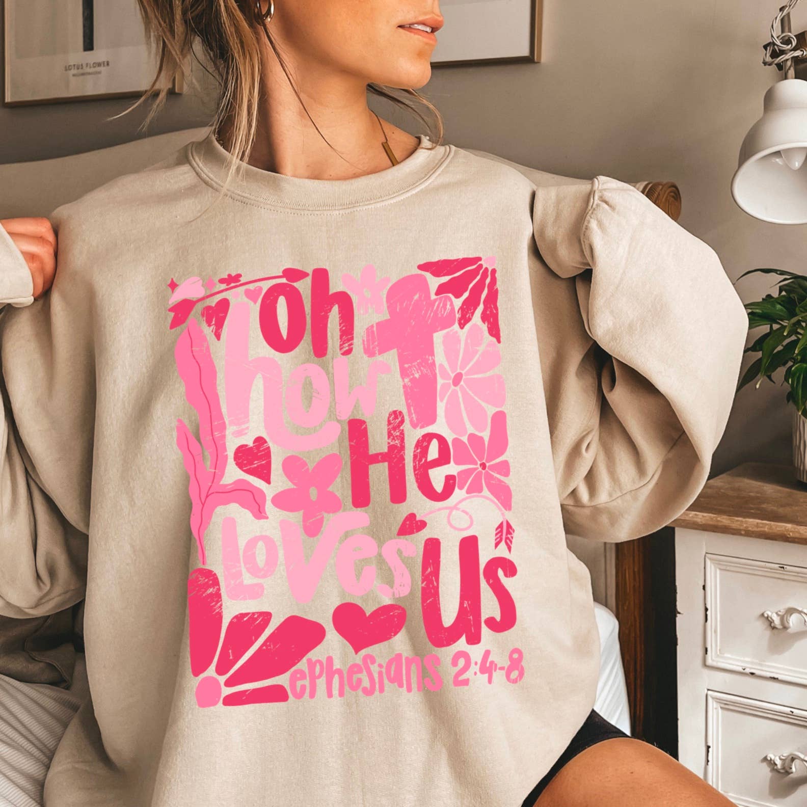 Oh How He Loves Us Christian Boho Floral Graphic Crewneck : Hot Pink / Large
