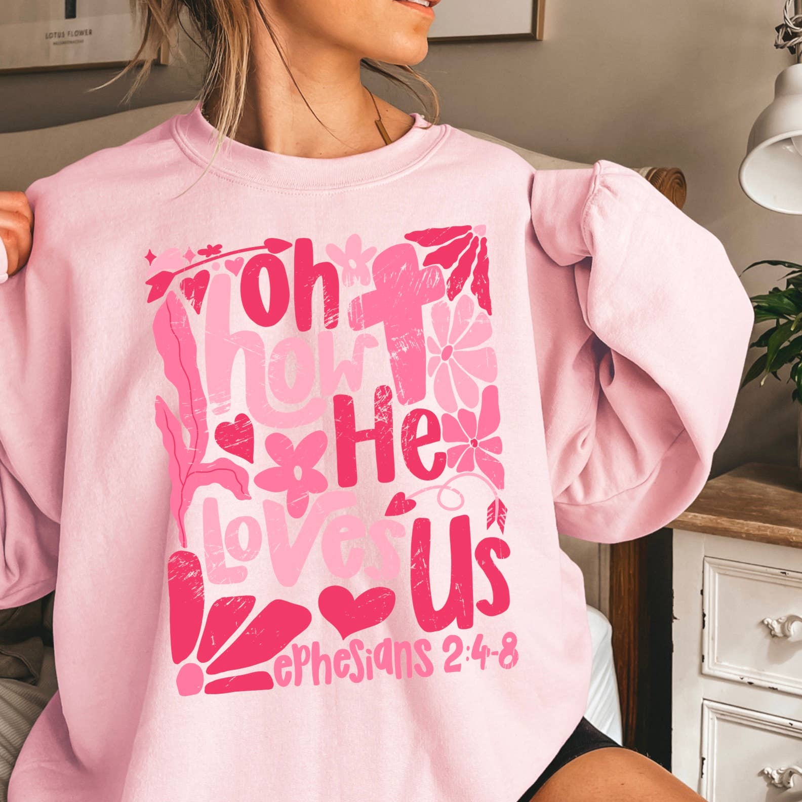 Oh How He Loves Us Christian Boho Floral Graphic Crewneck : Hot Pink / Large