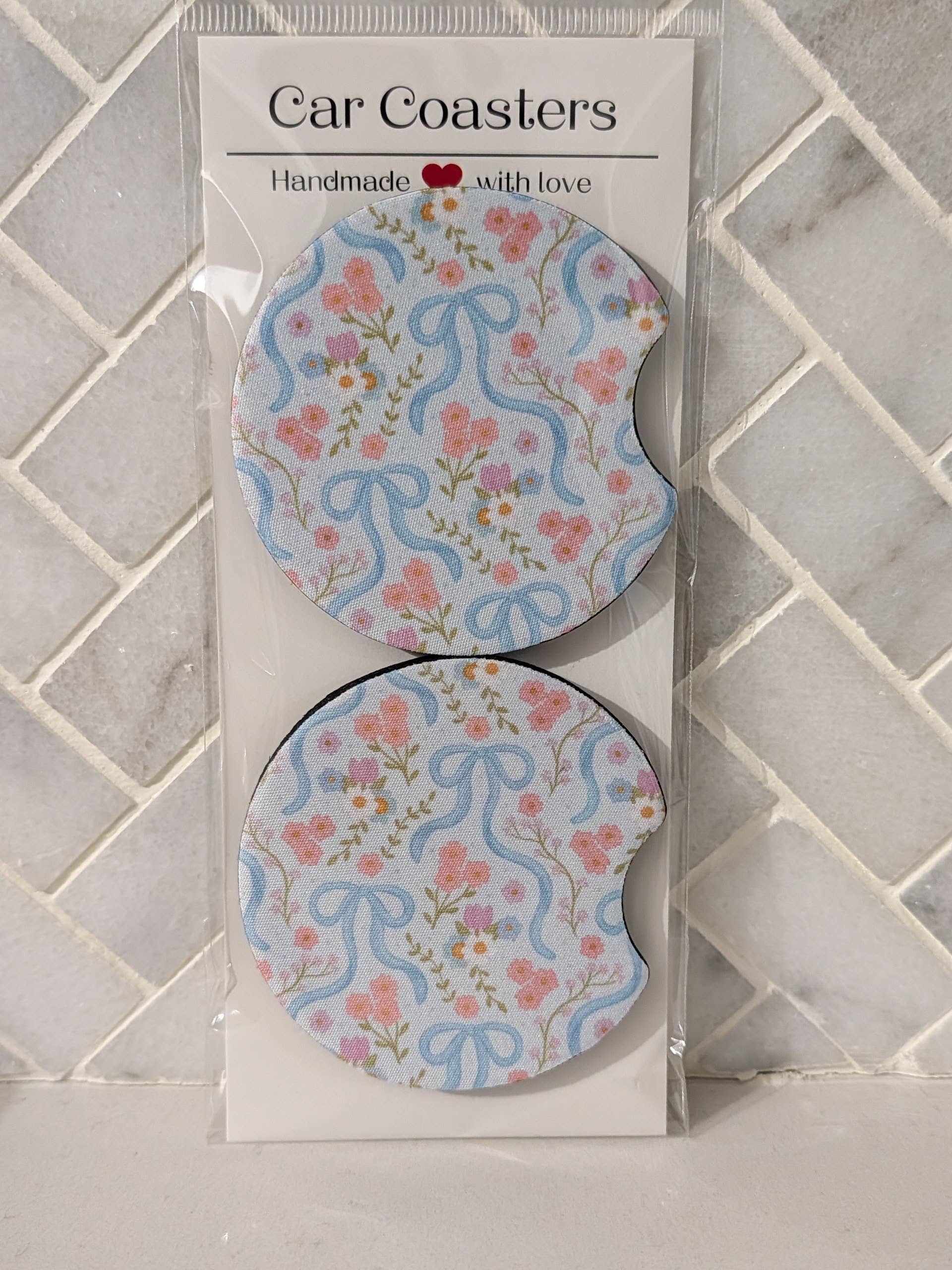 Spring Floral Car Coasters : Floral blue bows