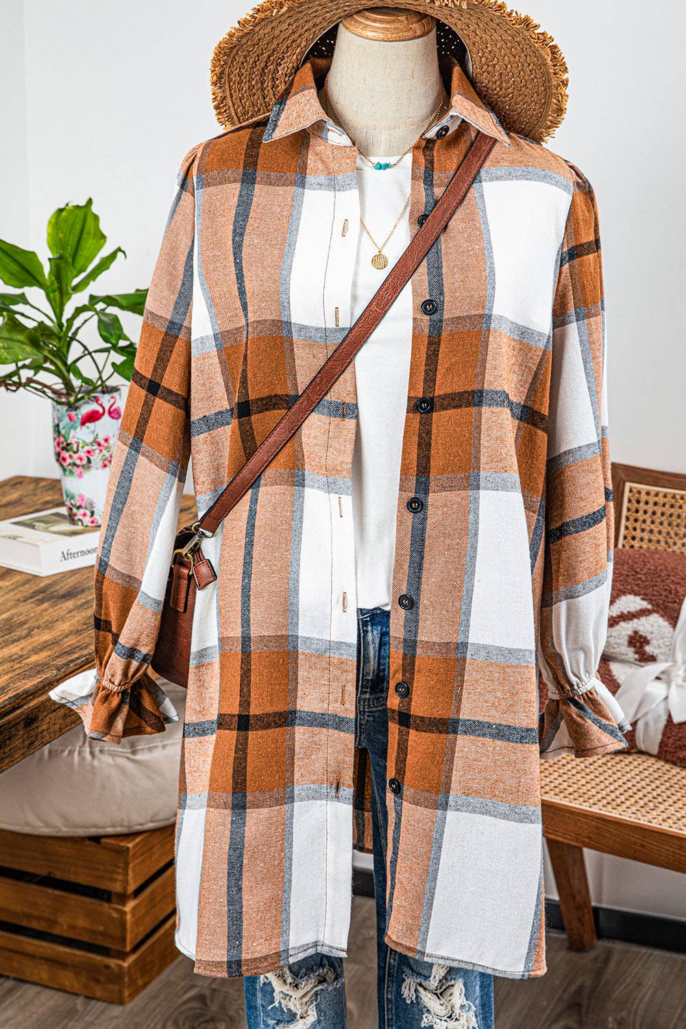 Fashion Plaid Collared Neck Ruffled Sleeve Shirt Fall Dress: AS SHOWN / Missy / S