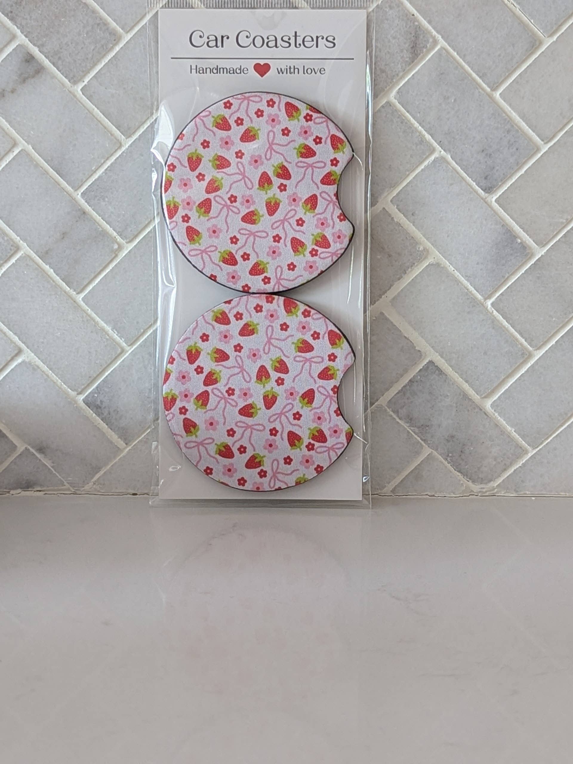 Strawberry Coquette Bow Car Coasters
