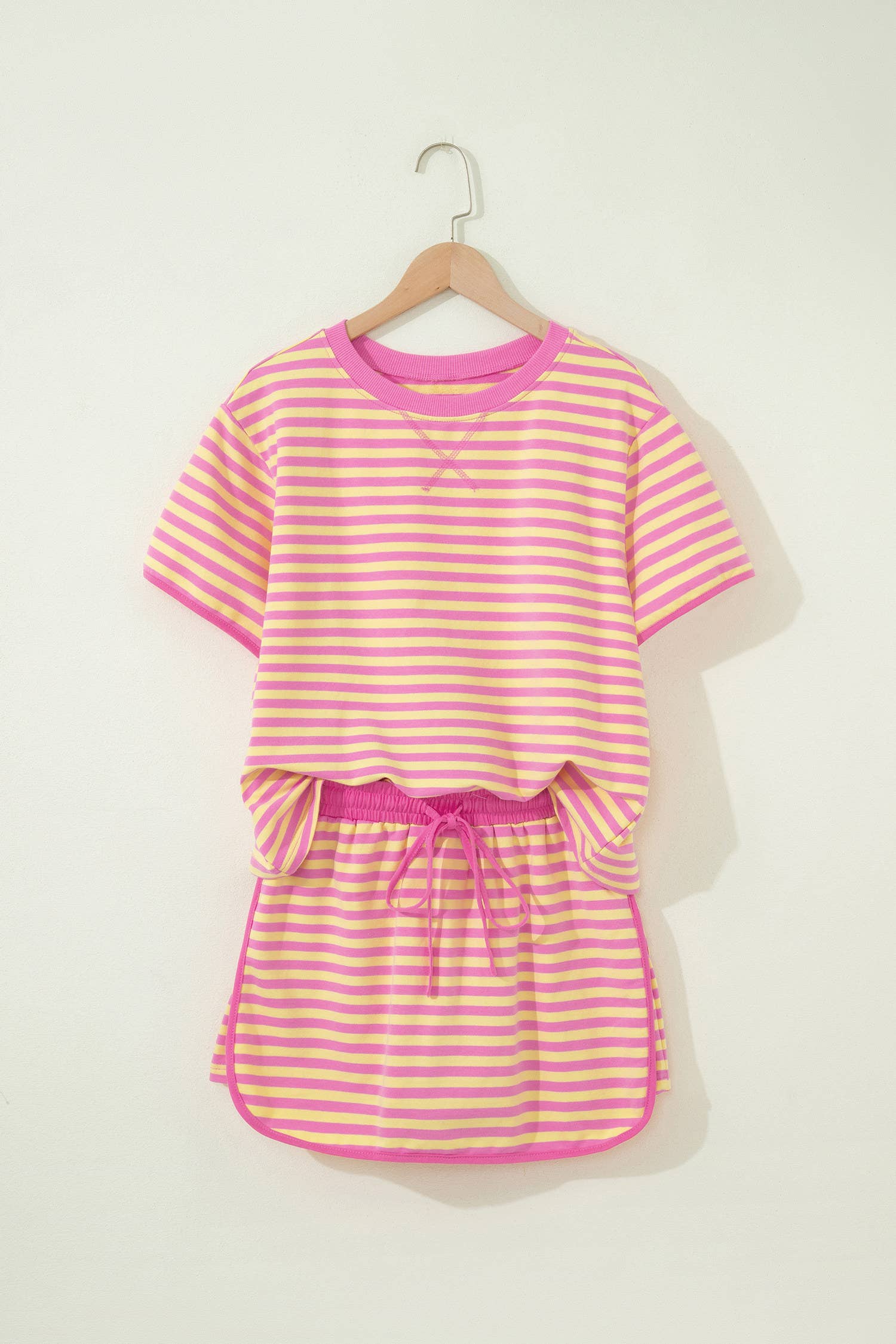 66 Stripe Short Sleeve Top and Skirt Lounge Set (S-XL): Pink Stripe / Missy / L