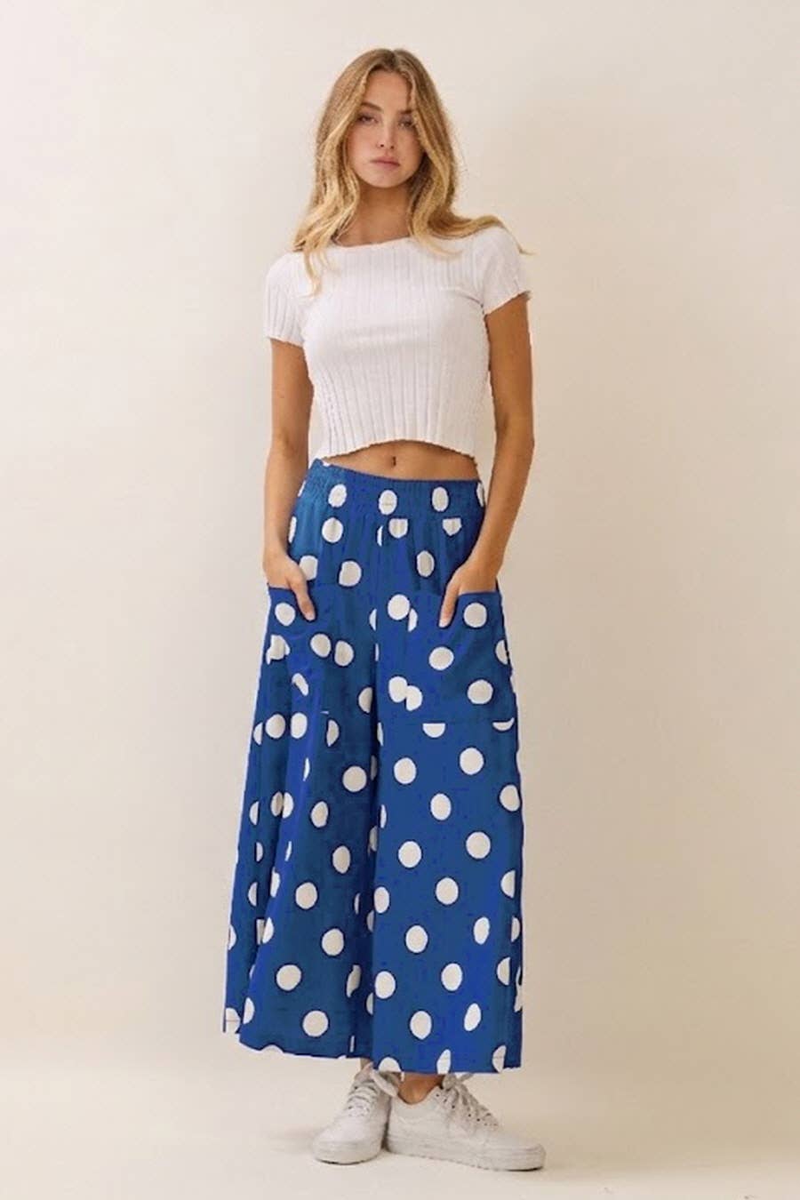 Polka Dot Pull-on Pants: White Black / L