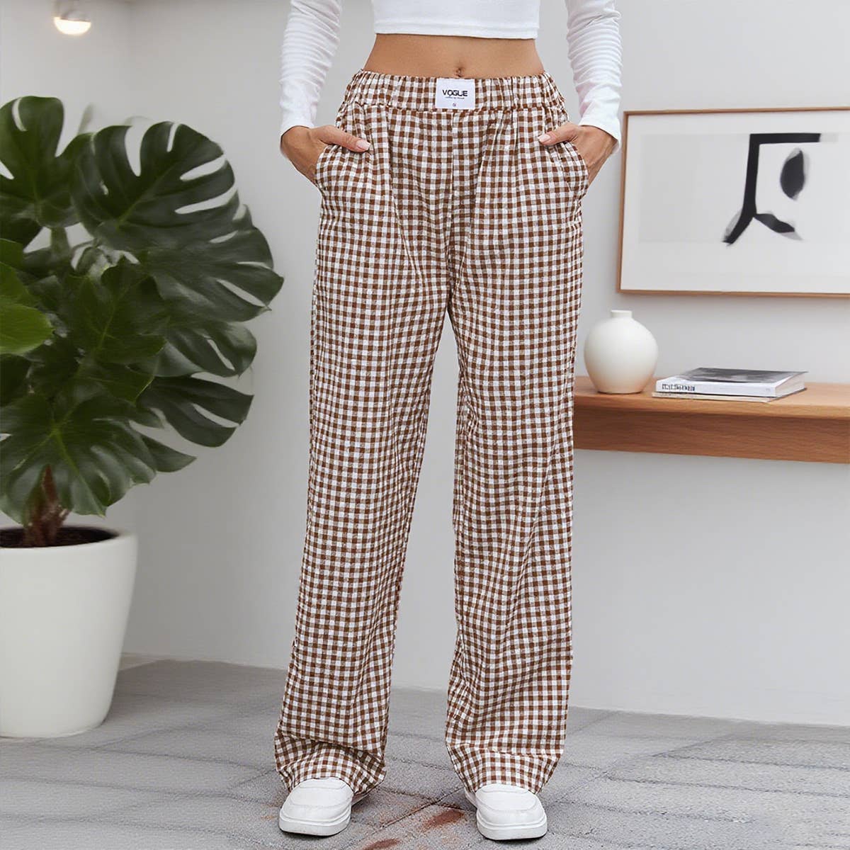 Pure cotton checkered casual loose pants
