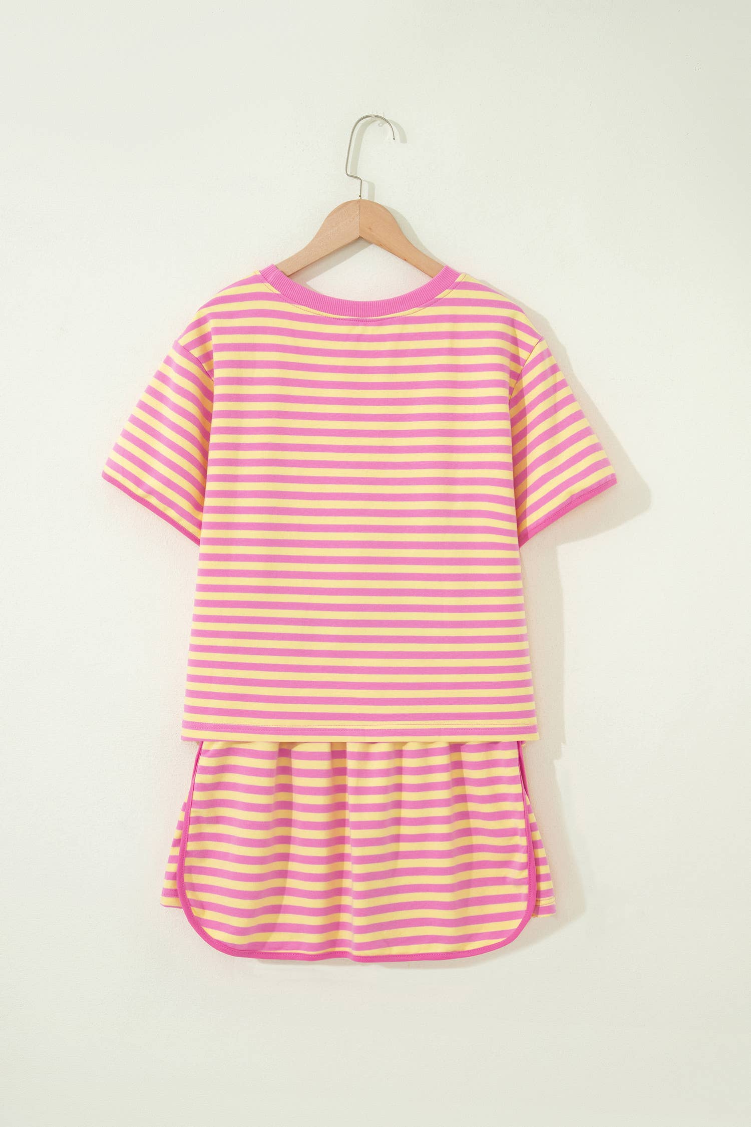66 Stripe Short Sleeve Top and Skirt Lounge Set (S-XL): Pink Stripe / Missy / L