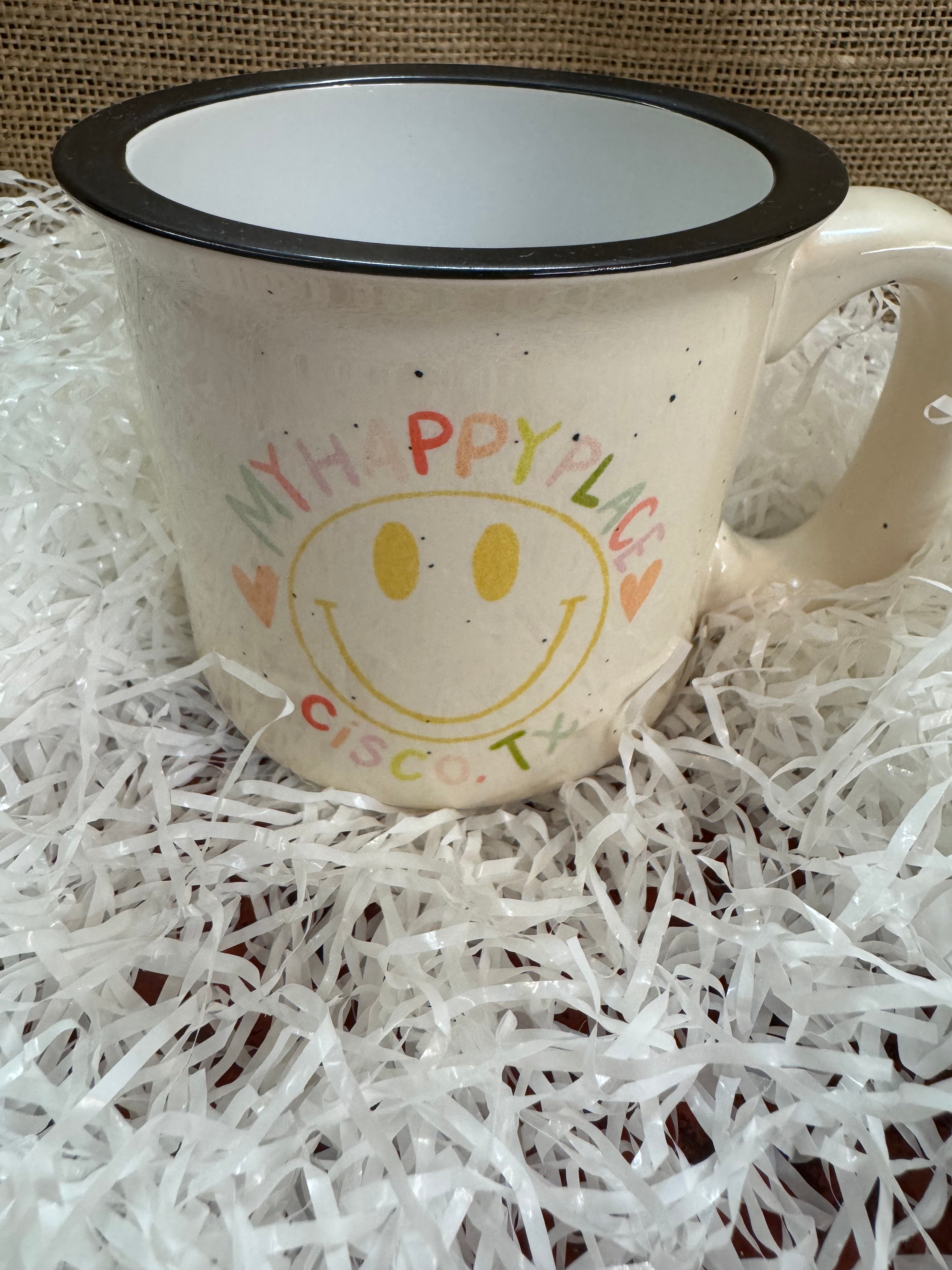 My Happy Place Cisco, Texas -  Smiley Custom Town Camper Mug
