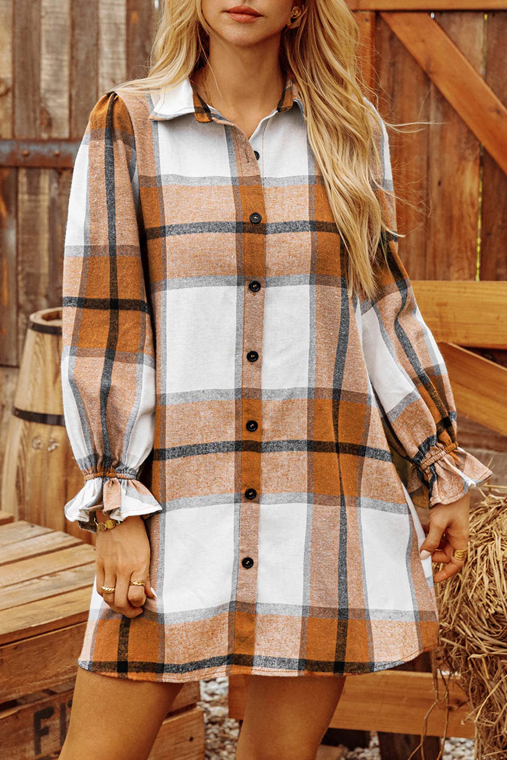 Fashion Plaid Collared Neck Ruffled Sleeve Shirt Fall Dress