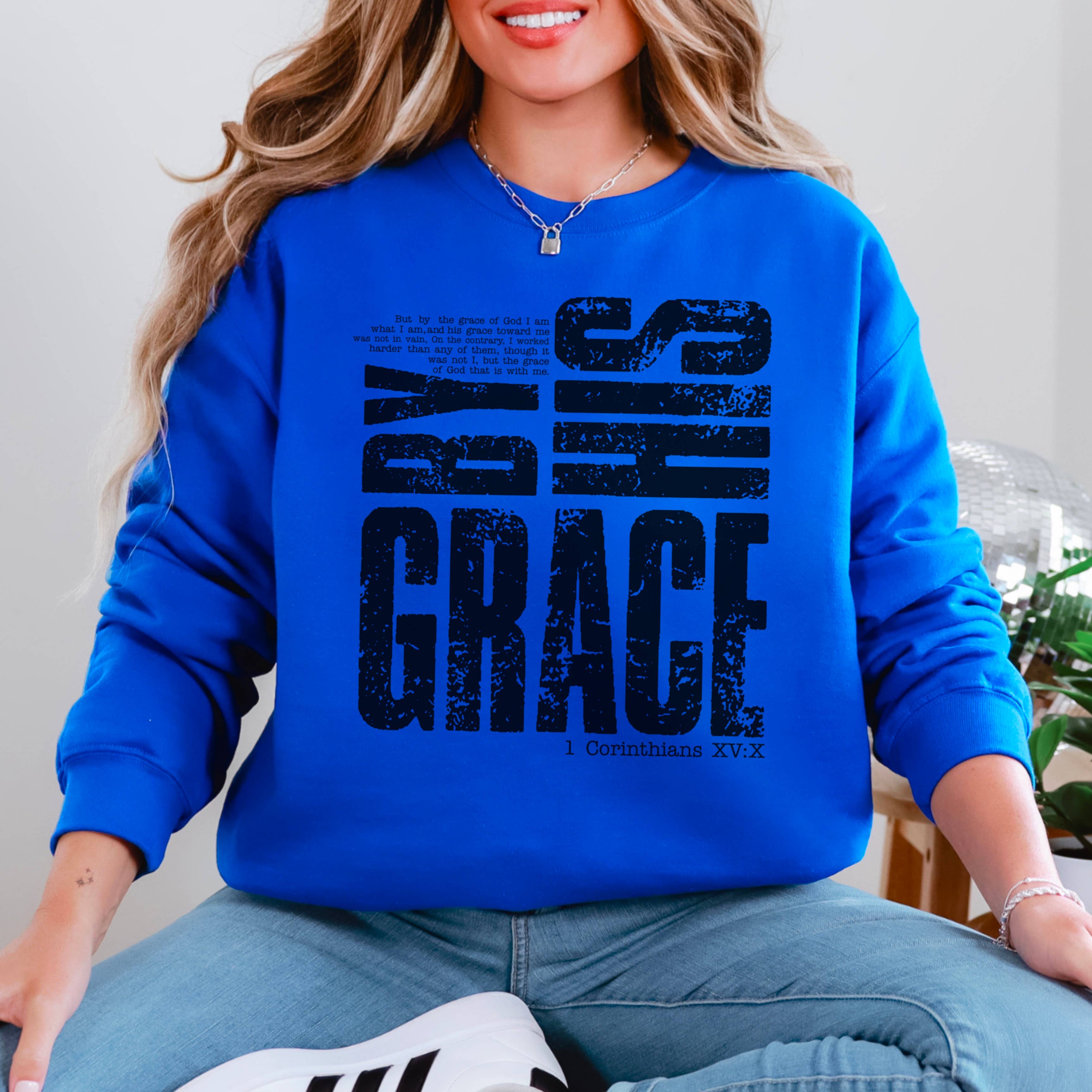 By His Grace Women’s Christian Graphic Sweatshirt: Sand / M