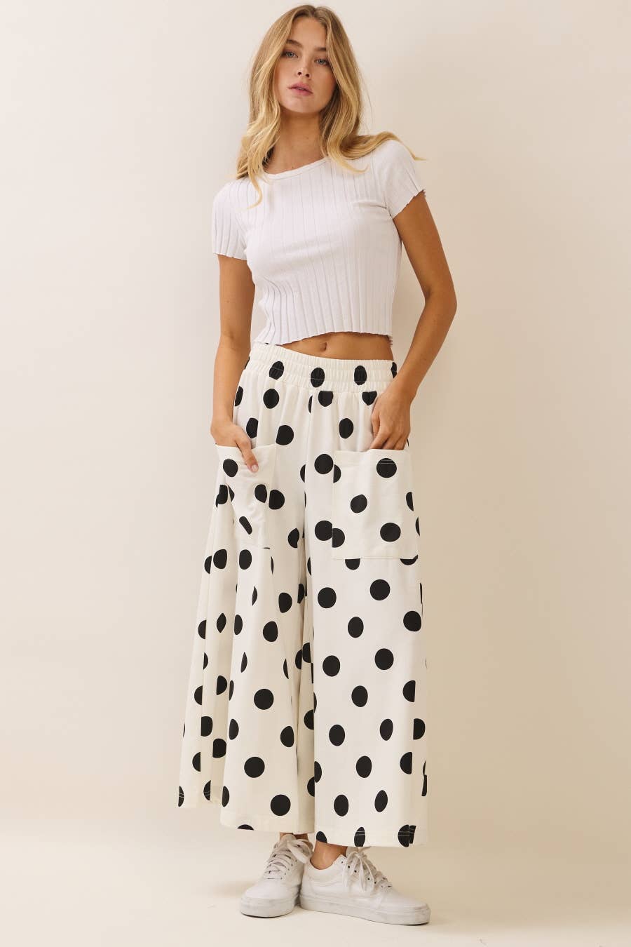 Polka Dot Pull-on Pants: White Black / S