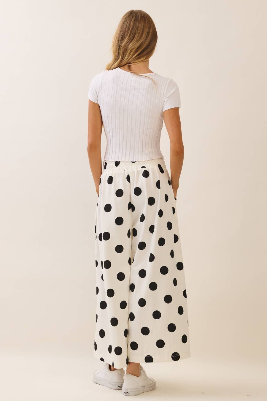 Polka Dot Pull-on Pants: White Black / L