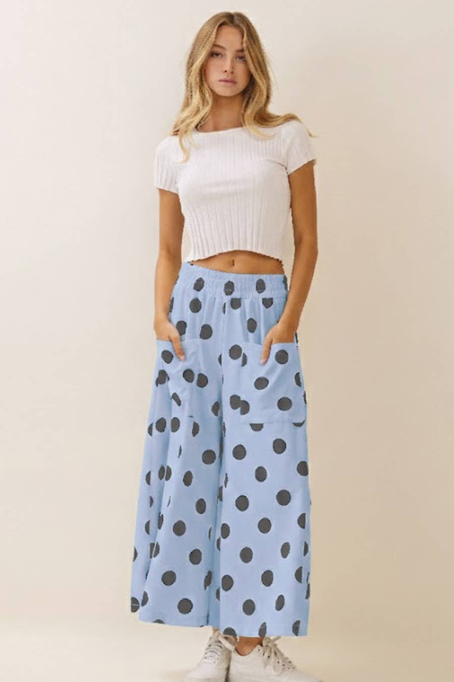 Polka Dot Pull-on Pants: White Black / S